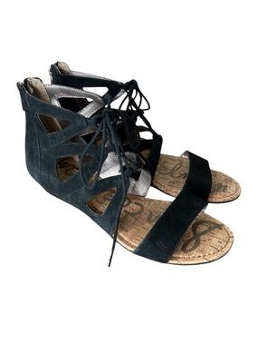 SAM EDELMAN Black Suede Dean Gladiator Sandals Lace Up Cork Zipper Size 7